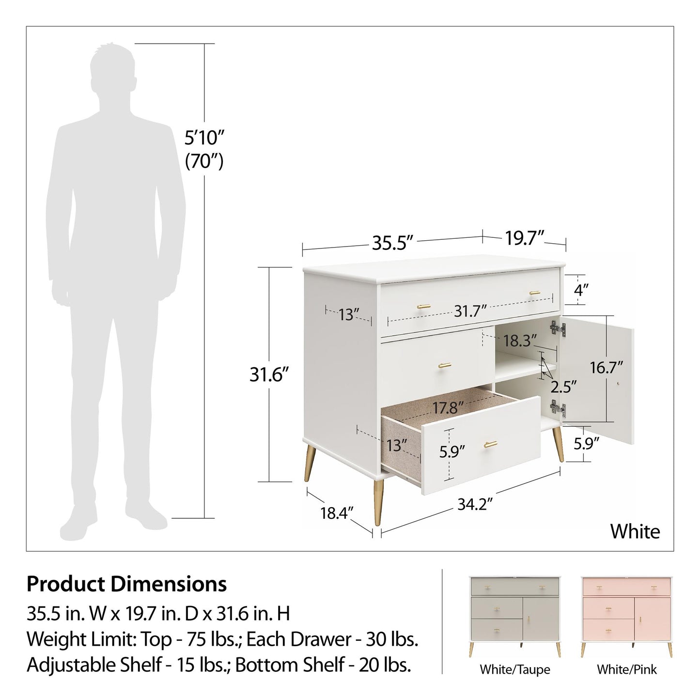 Little Seeds Valentina Asymmetrical 3 Drawer / 1 Door Convertible Dresser - White