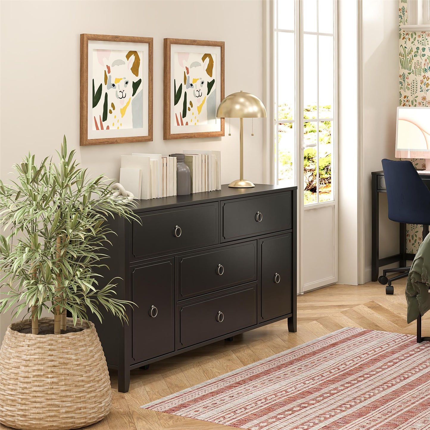 Her Majesty 4 Drawer/2 Door Wide Dresser, Black - Black