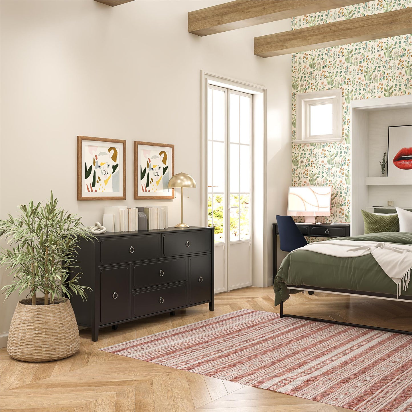 Her Majesty 4 Drawer/2 Door Wide Dresser, Black - Black