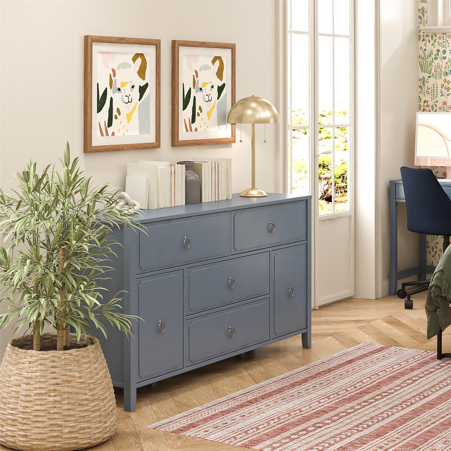 Her Majesty 4 Drawer/2 Door Wide Dresser, Blue - Blue