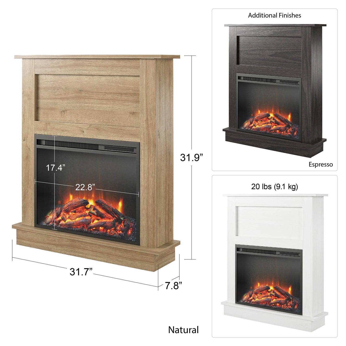 Ellsworth Modern Electric Fireplace with Mantel and 23 Inch Fireplace Insert - White