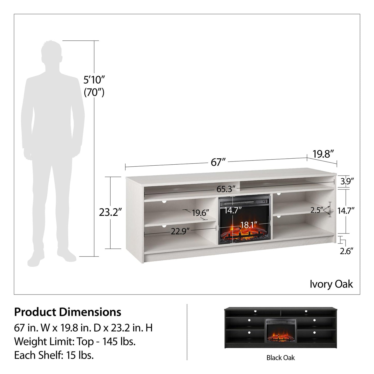 Hendrix 75" TV Stand with Electric Fireplace Insert and 6 Shelves - Black Oak