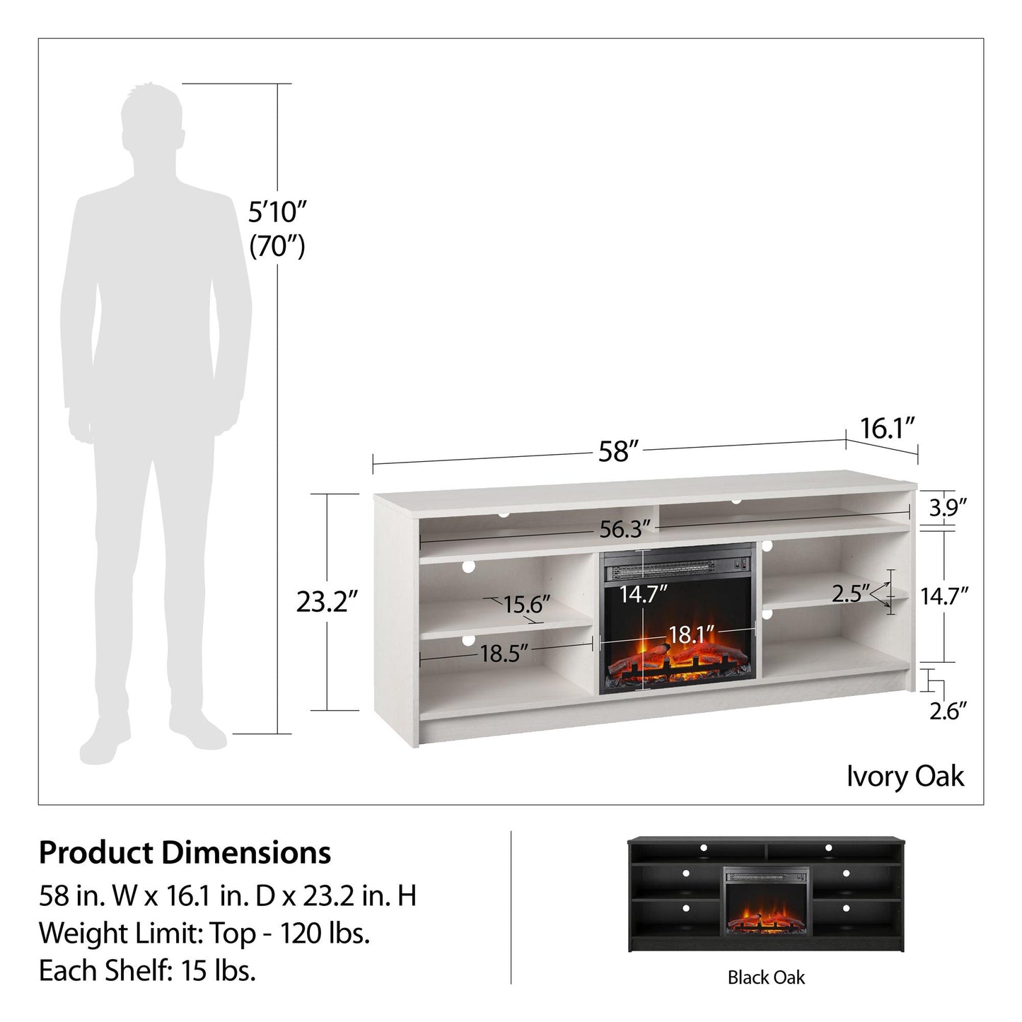 Hendrix 65" TV Stand with Electric Fireplace Insert and 6 Shelves - Black Oak