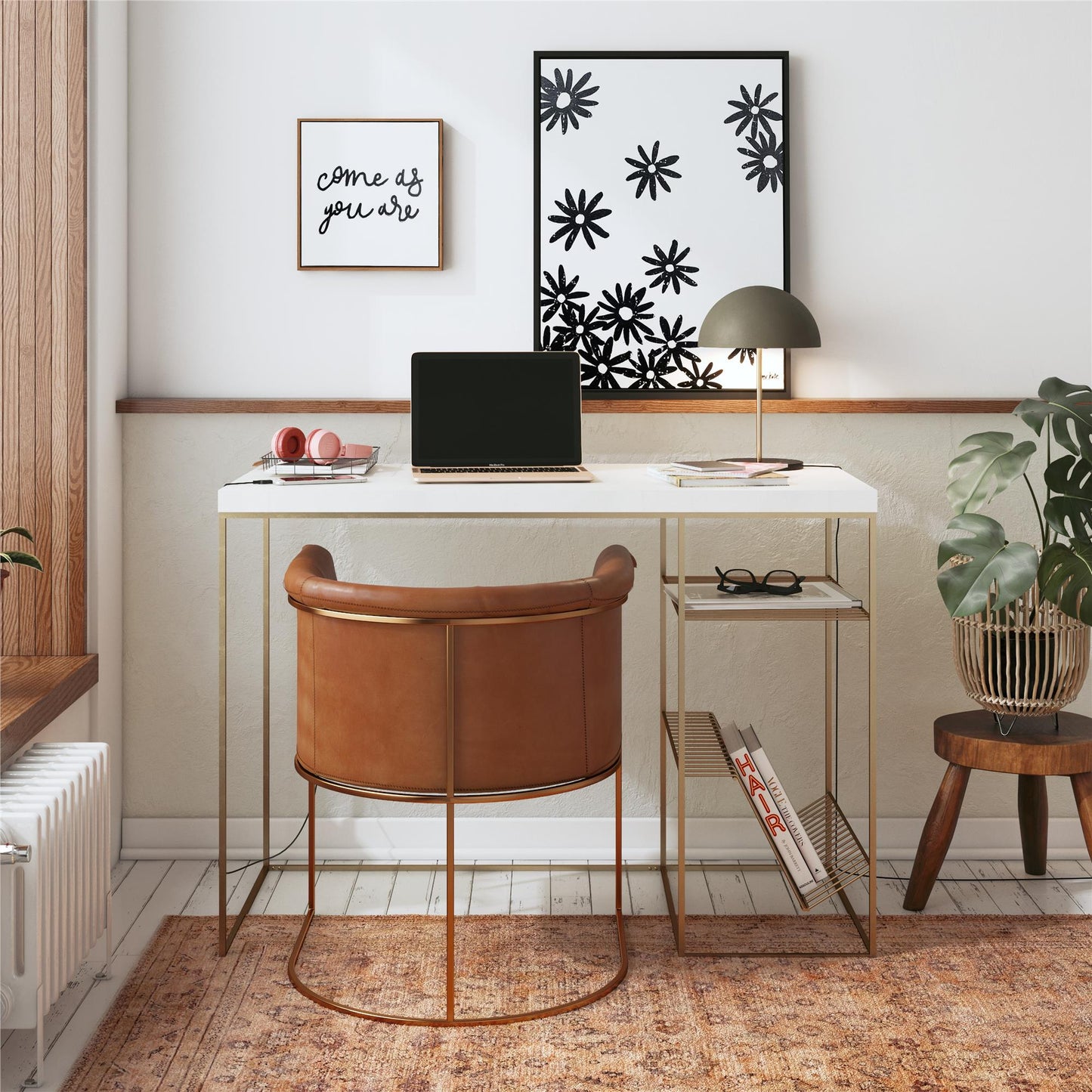 Neely Desk Mixed Media with Flat and Angled Shelves - Plaster