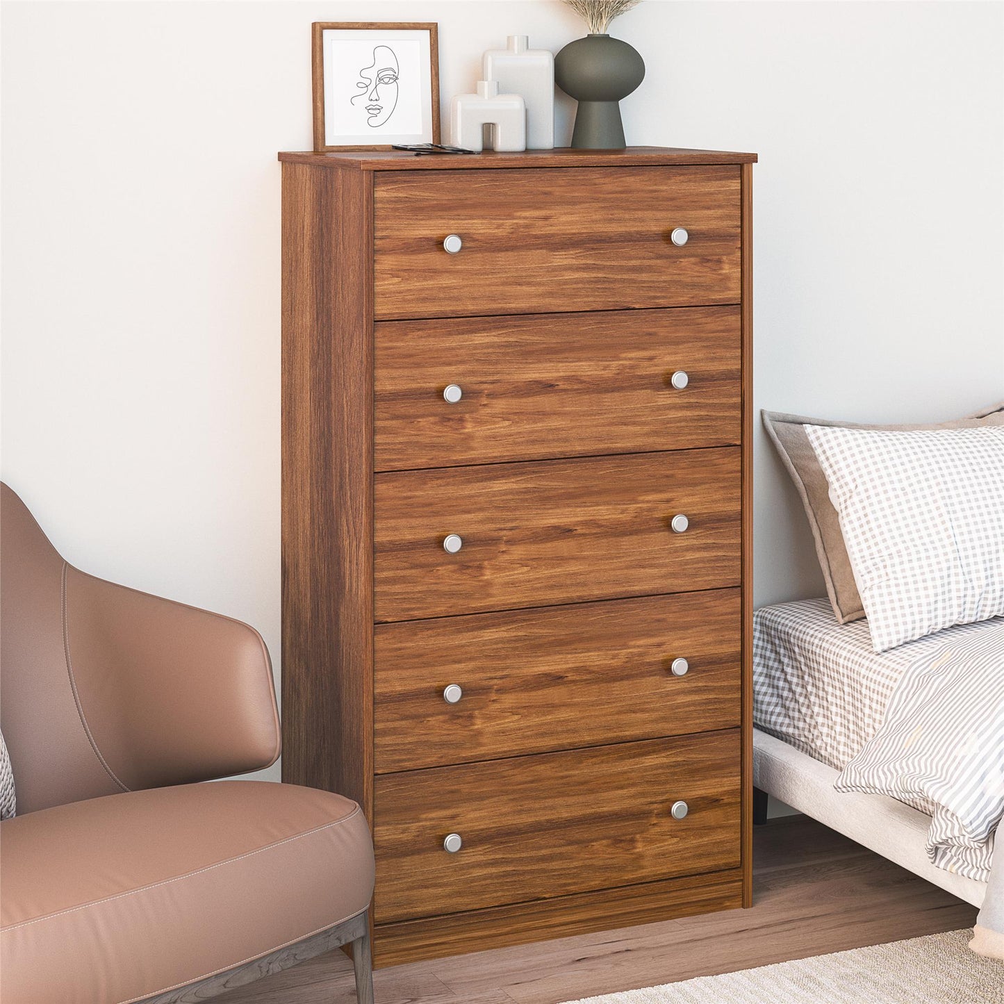 Ellwyn Tall 5 Drawer Dresser, Brown Oak - Bank Alder