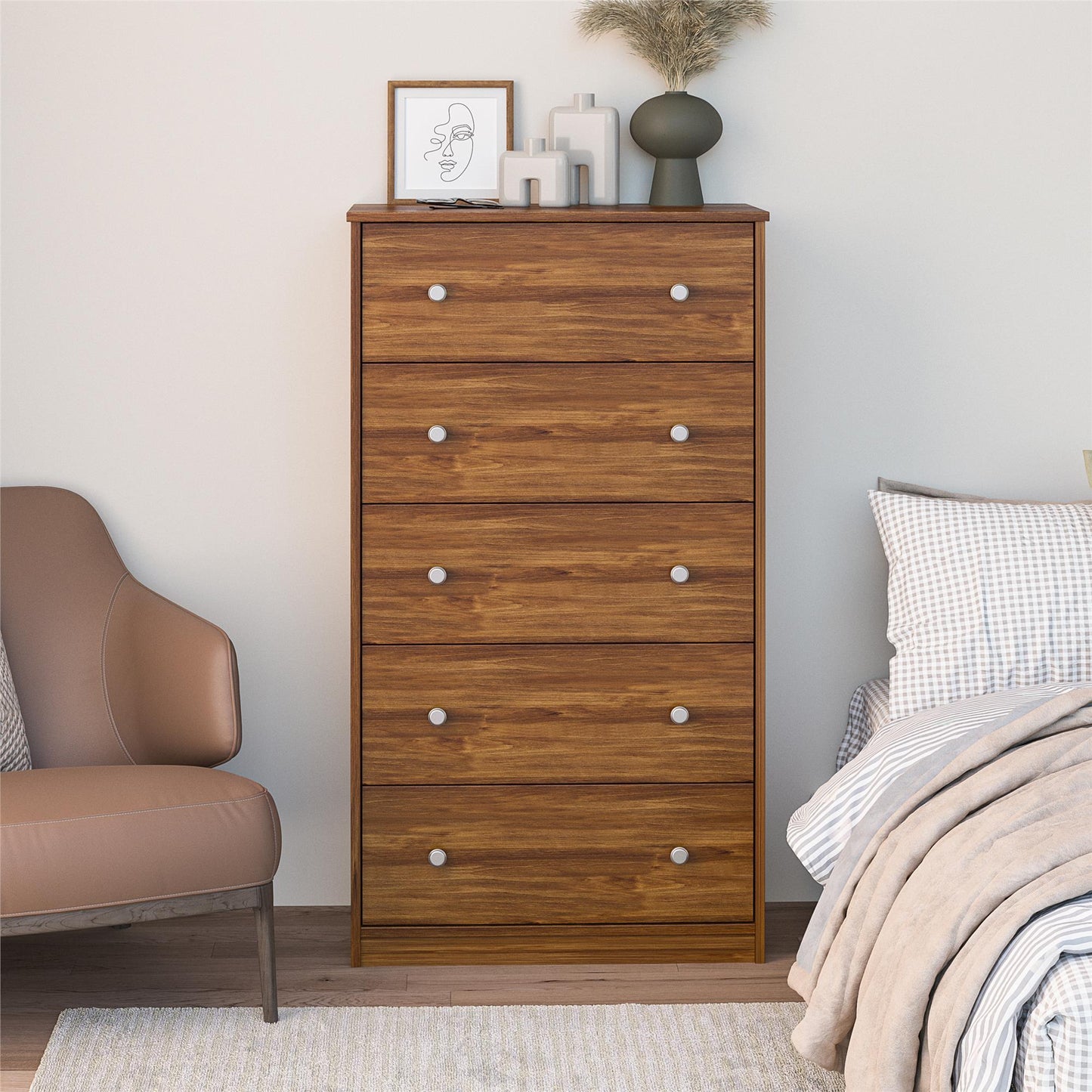 Ellwyn Tall 5 Drawer Dresser, Brown Oak - Bank Alder