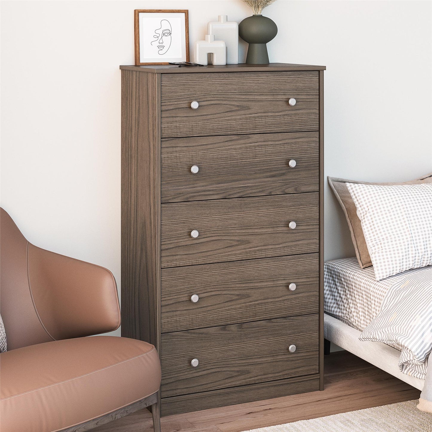 Ellwyn Tall 5 Drawer Dresser, Medium Brown - Brown Stanton Ash