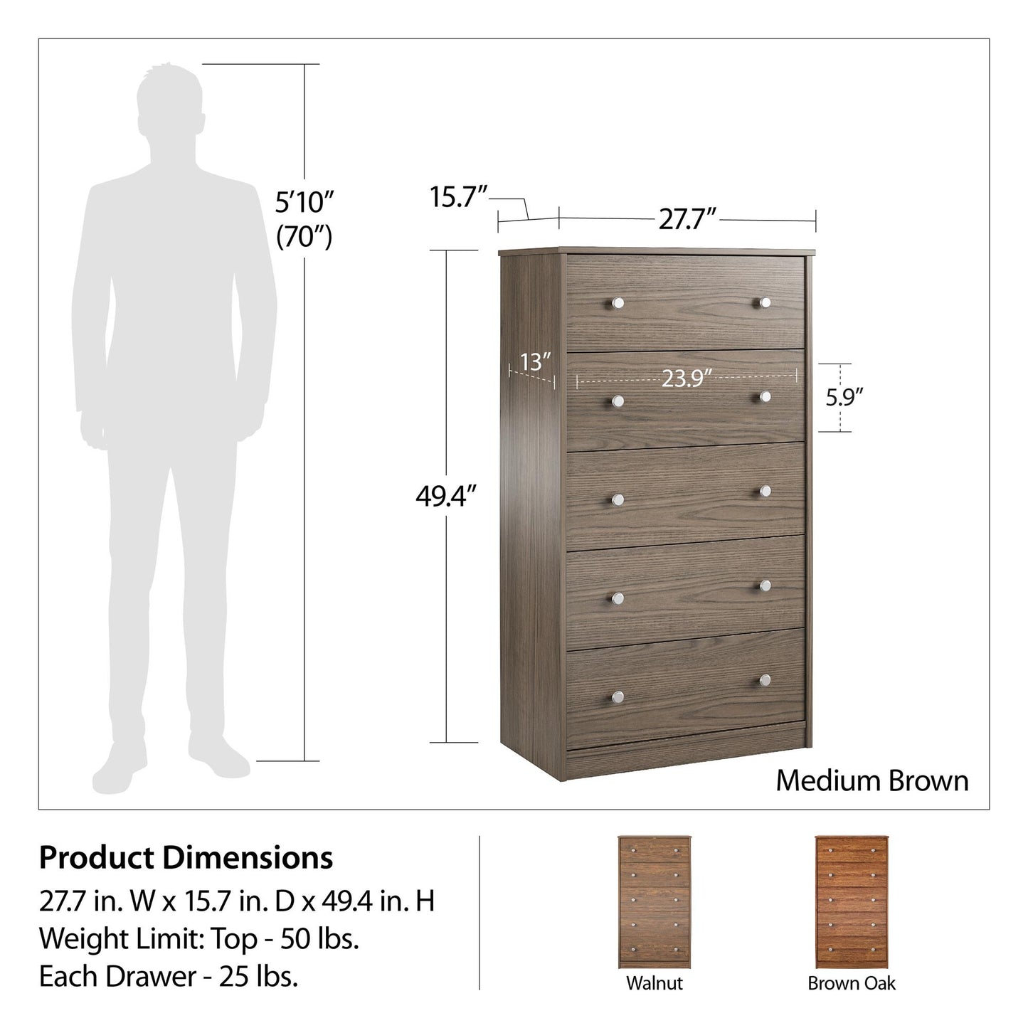 Ellwyn Tall 5 Drawer Dresser, Brown Oak - Bank Alder