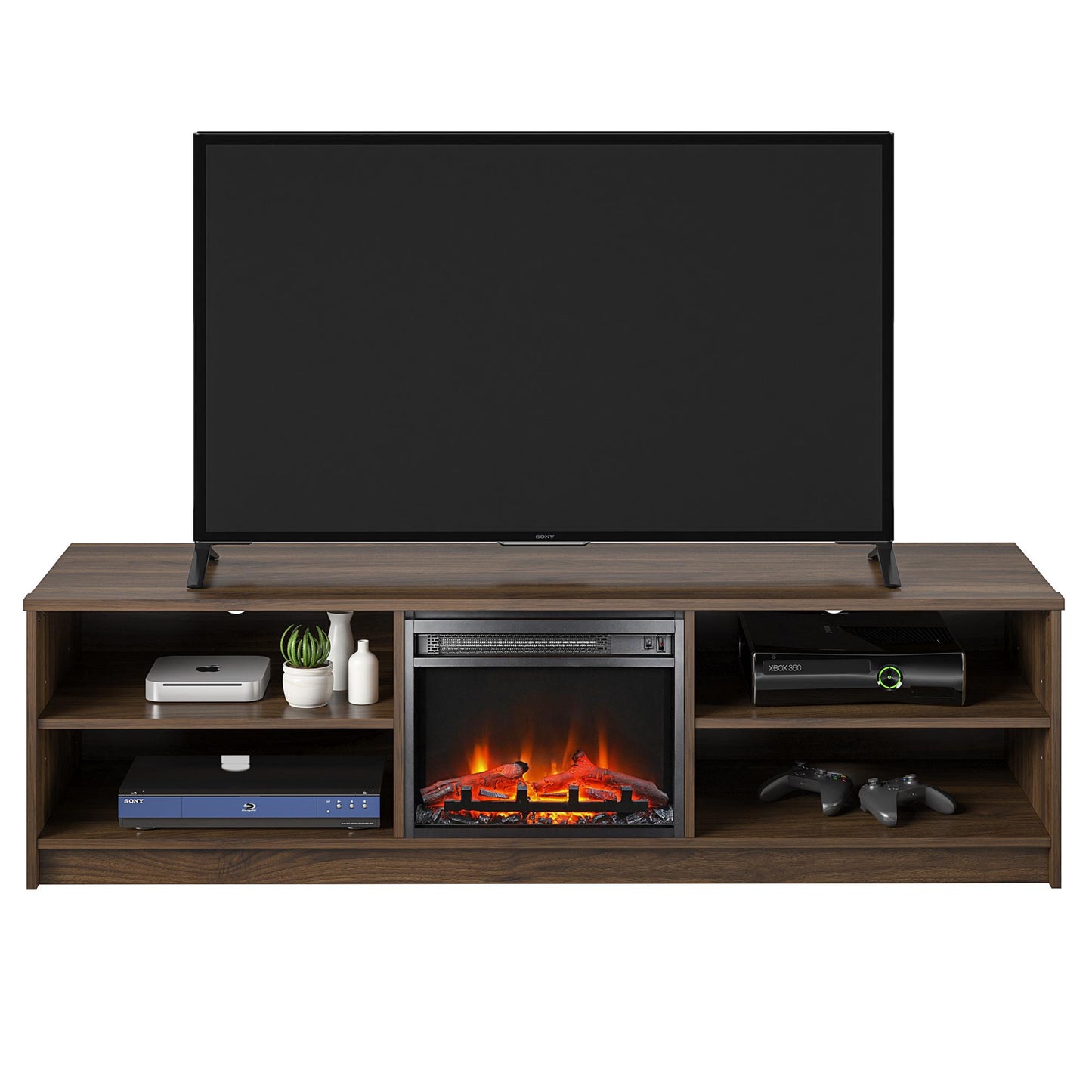 Noble 75" TV Stand with Electric Fireplace Insert and 4 Shelves - Walnut