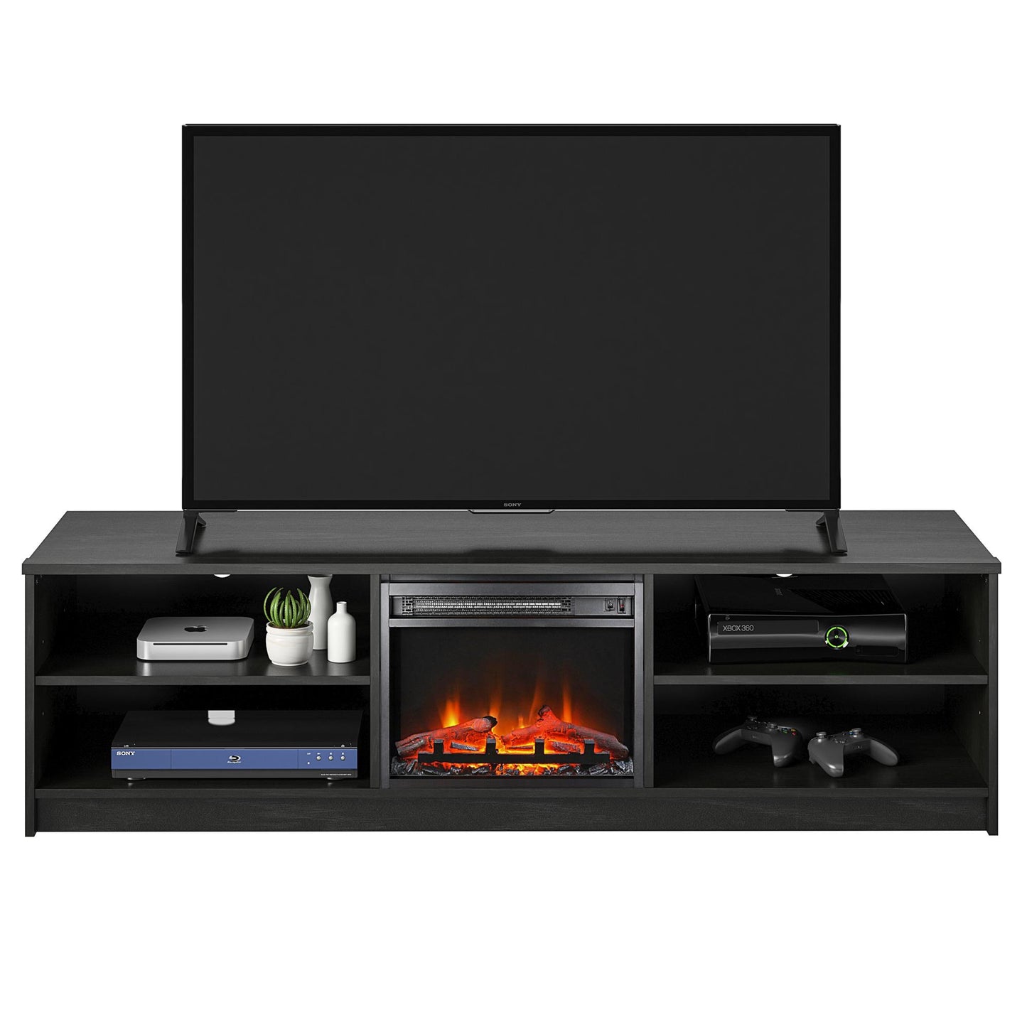 Noble 75" TV Stand with Electric Fireplace Insert and 4 Shelves - Black Oak