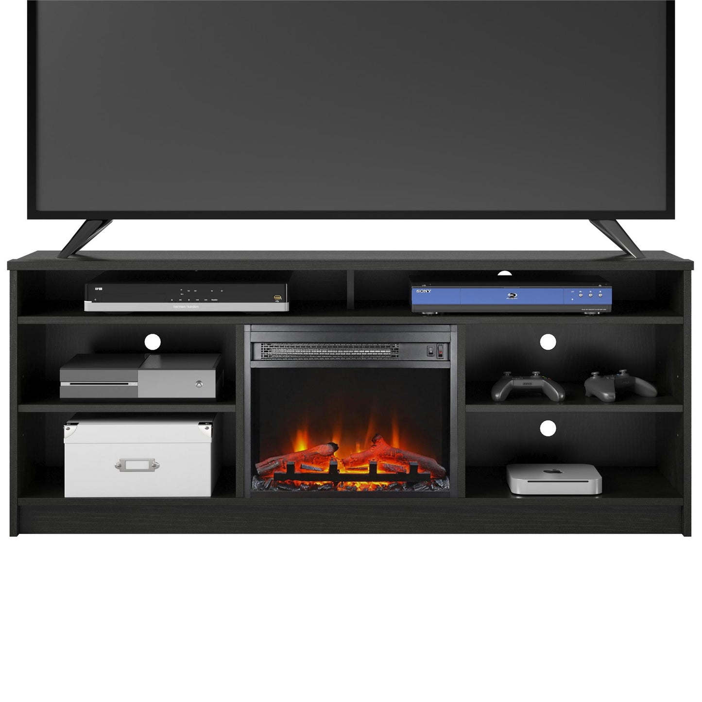 Hendrix 65" TV Stand with Electric Fireplace Insert and 6 Shelves - Black Oak