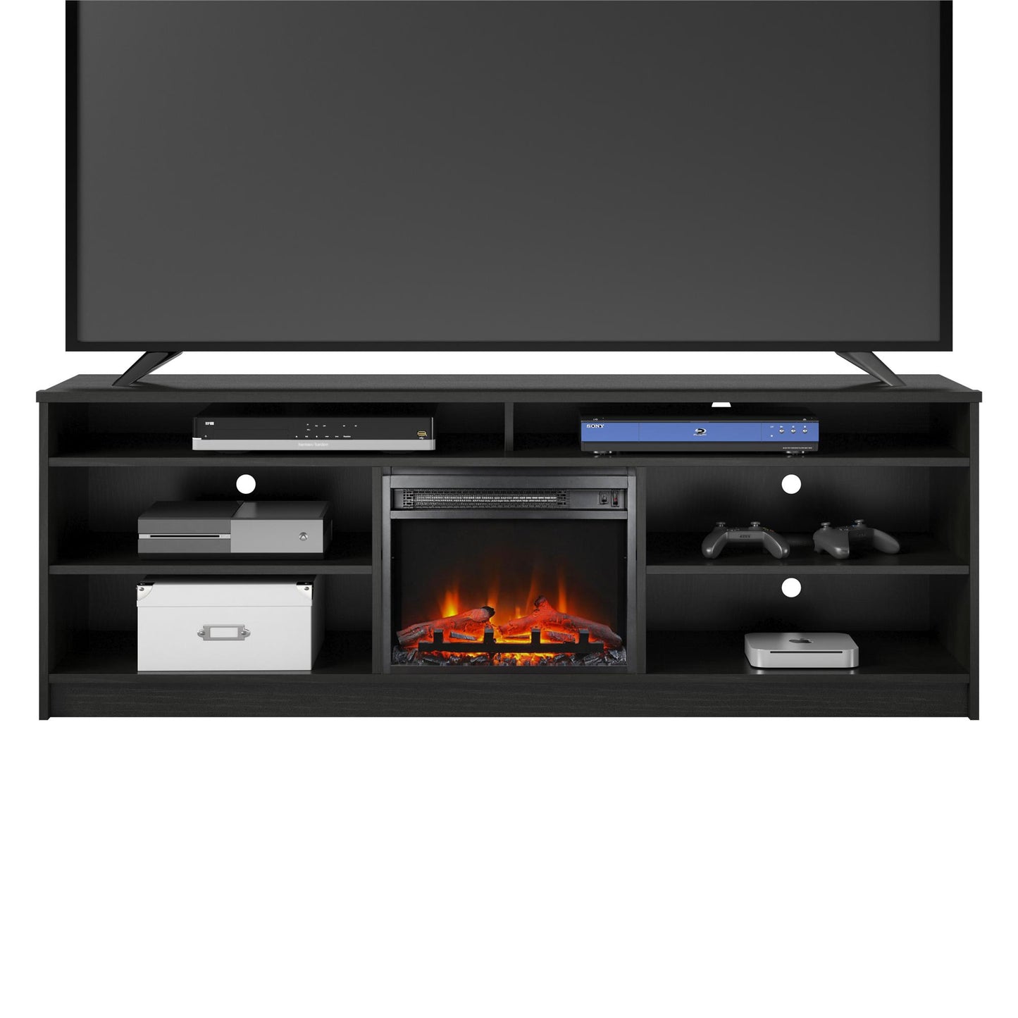 Hendrix 75" TV Stand with Electric Fireplace Insert and 6 Shelves - Black Oak