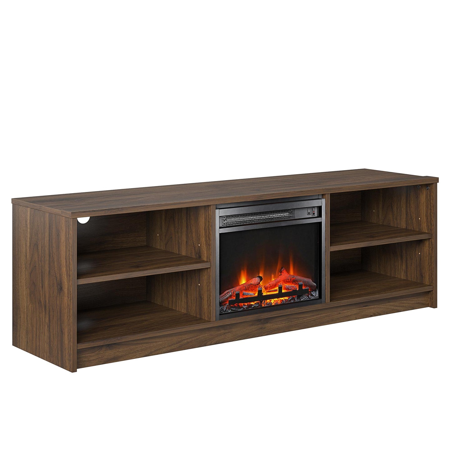 Noble 65” TV Stand with Electric Fireplace Insert and 4 Shelves - Walnut
