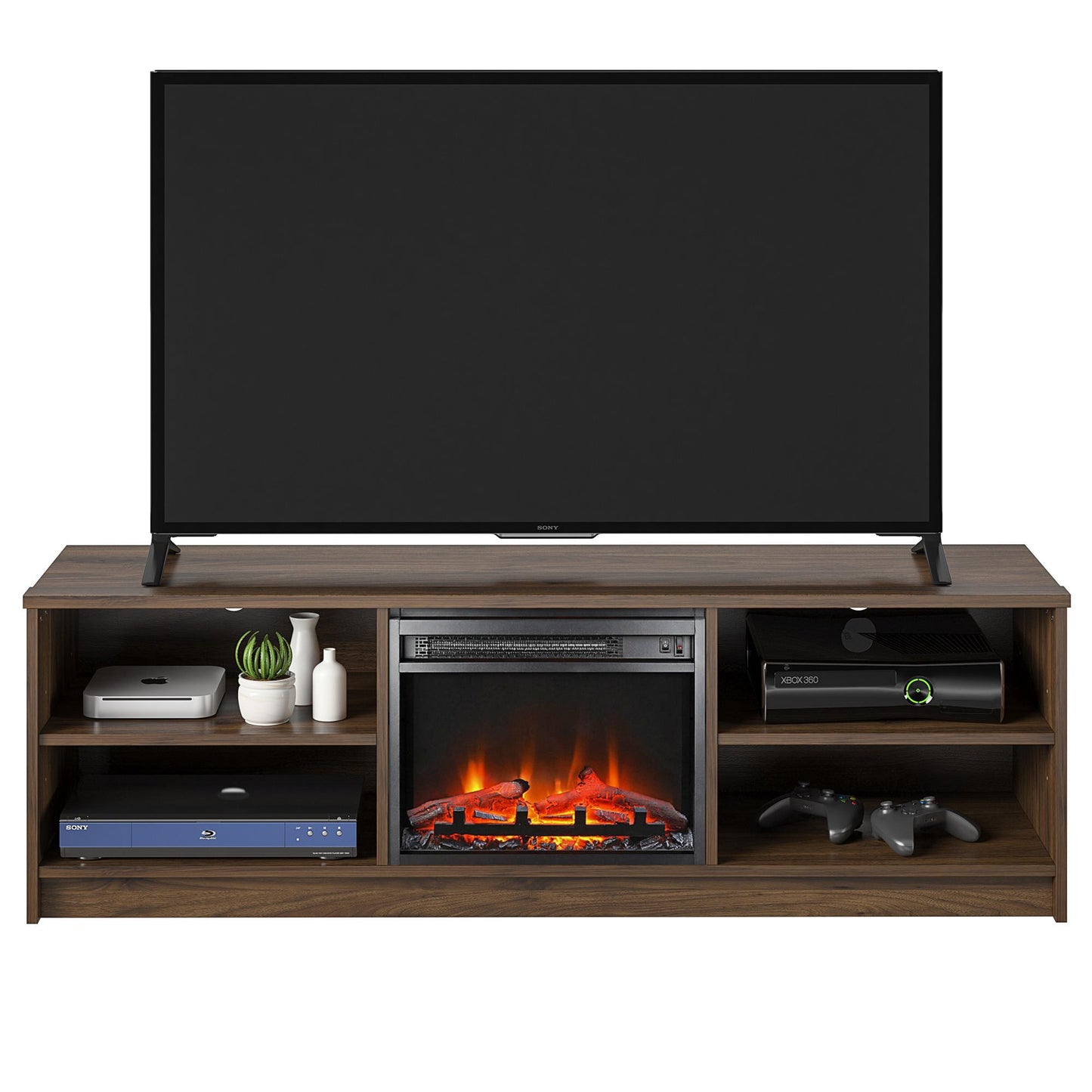 Noble 65” TV Stand with Electric Fireplace Insert and 4 Shelves - Walnut