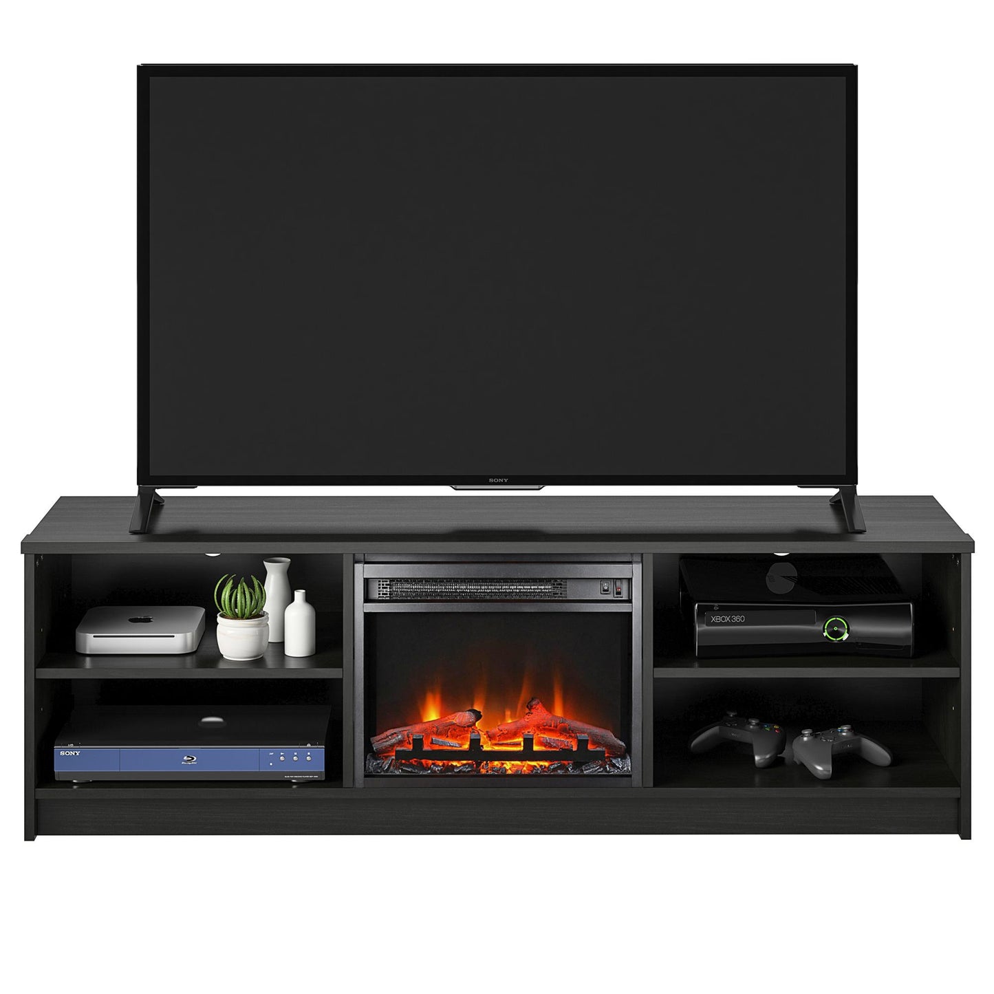 Noble 65” TV Stand with Electric Fireplace Insert and 4 Shelves - Black Oak