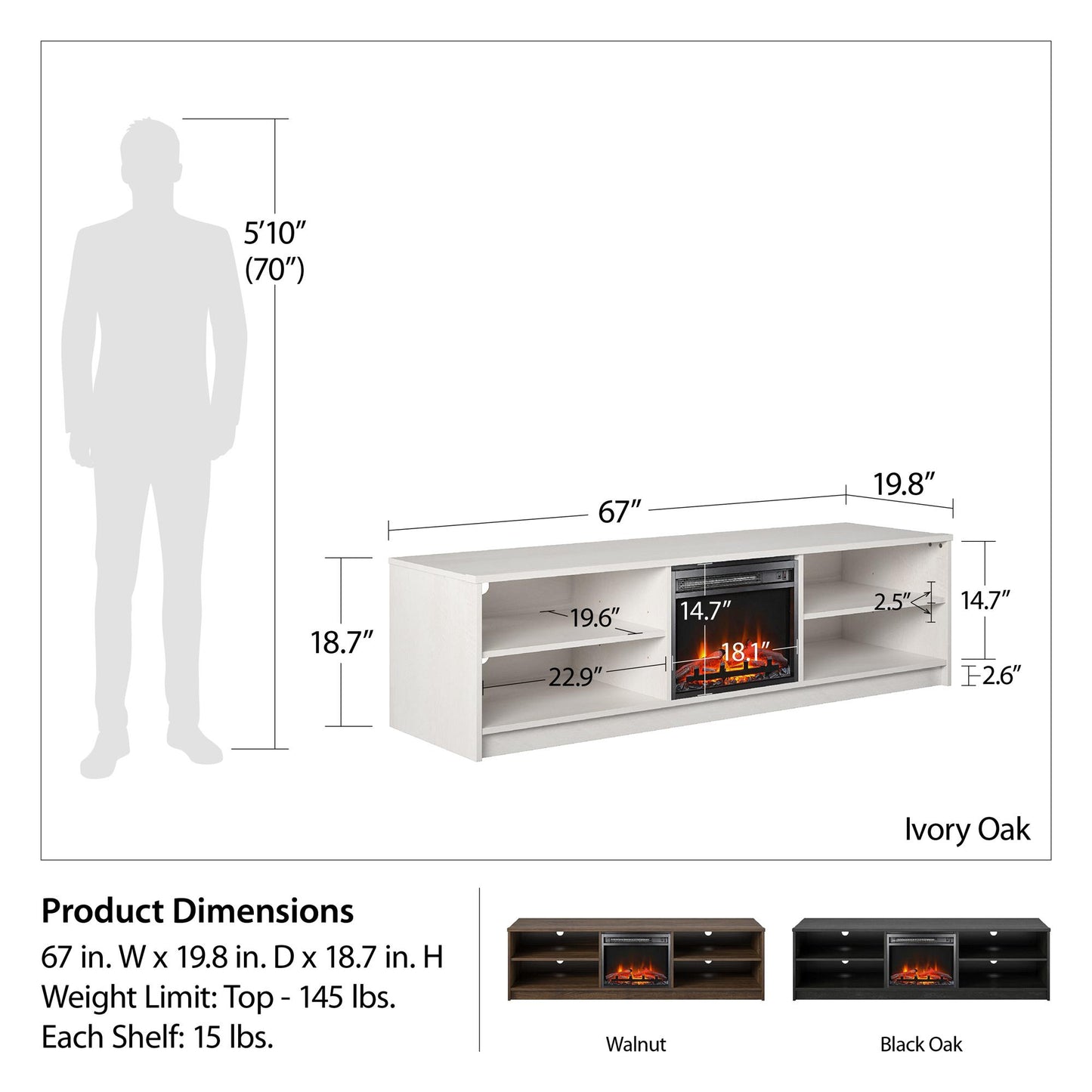 Noble 75" TV Stand with Electric Fireplace Insert and 4 Shelves - Walnut