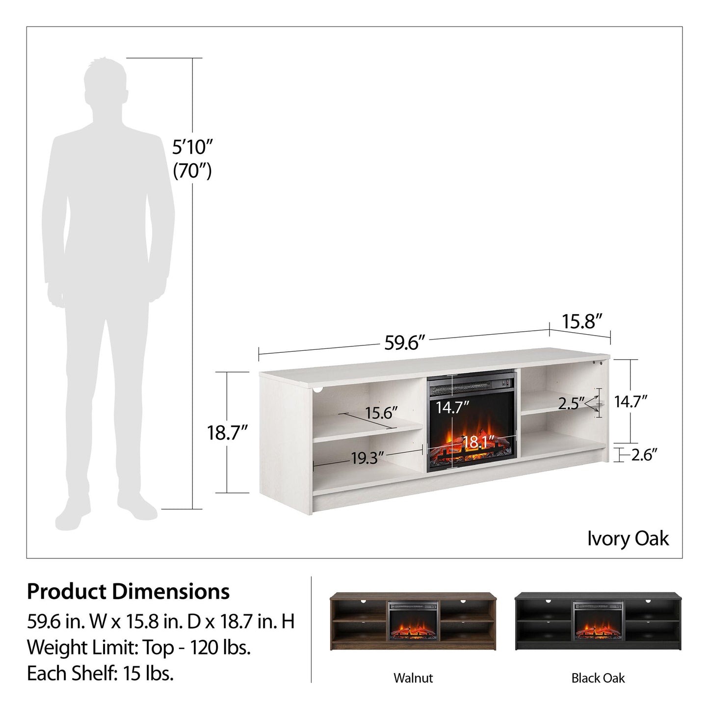 Noble 65” TV Stand with Electric Fireplace Insert and 4 Shelves - Black Oak