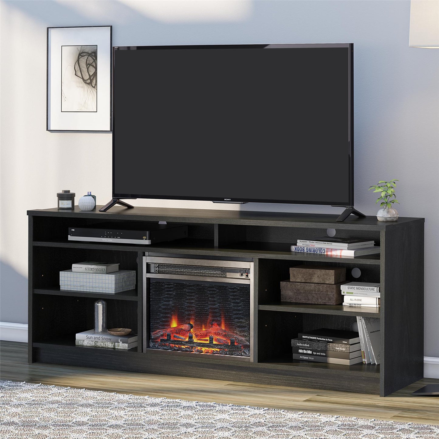 Hendrix 65" TV Stand with Electric Fireplace Insert and 6 Shelves - Black Oak