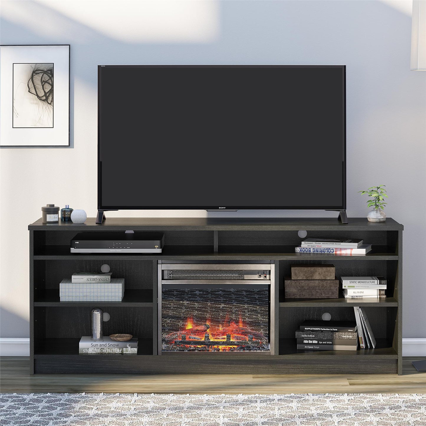 Hendrix 65" TV Stand with Electric Fireplace Insert and 6 Shelves - Black Oak