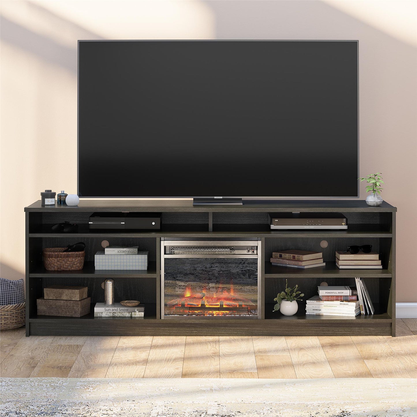 Hendrix 75" TV Stand with Electric Fireplace Insert and 6 Shelves - Black Oak