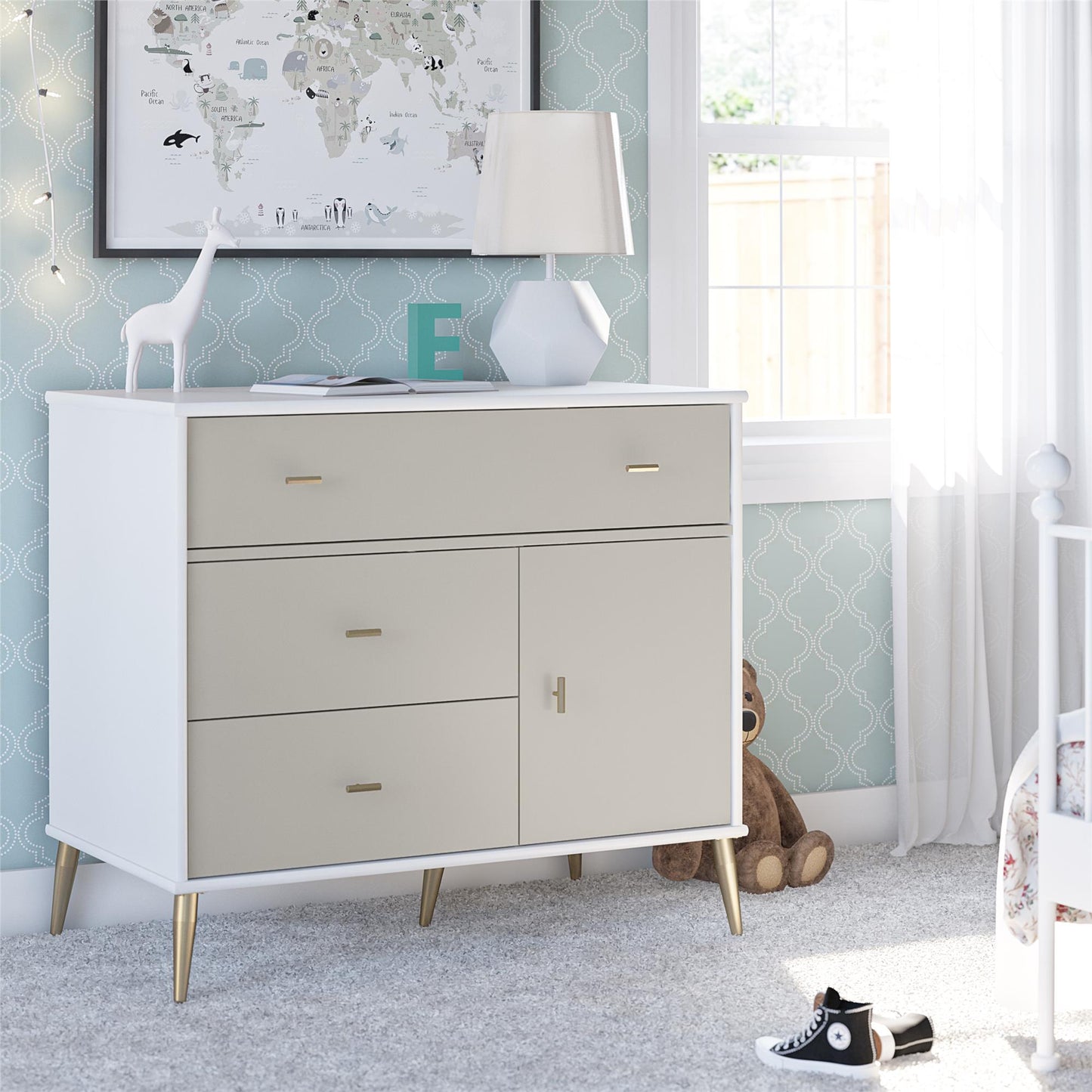 Little Seeds Valentina Asymmetrical 3 Drawer / 1 Door Convertible Dresser - White / Grey