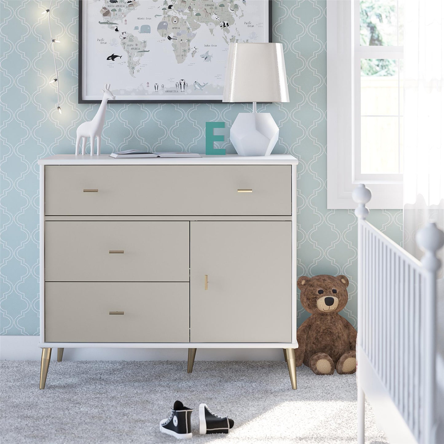Little Seeds Valentina Asymmetrical 3 Drawer / 1 Door Convertible Dresser - White / Grey