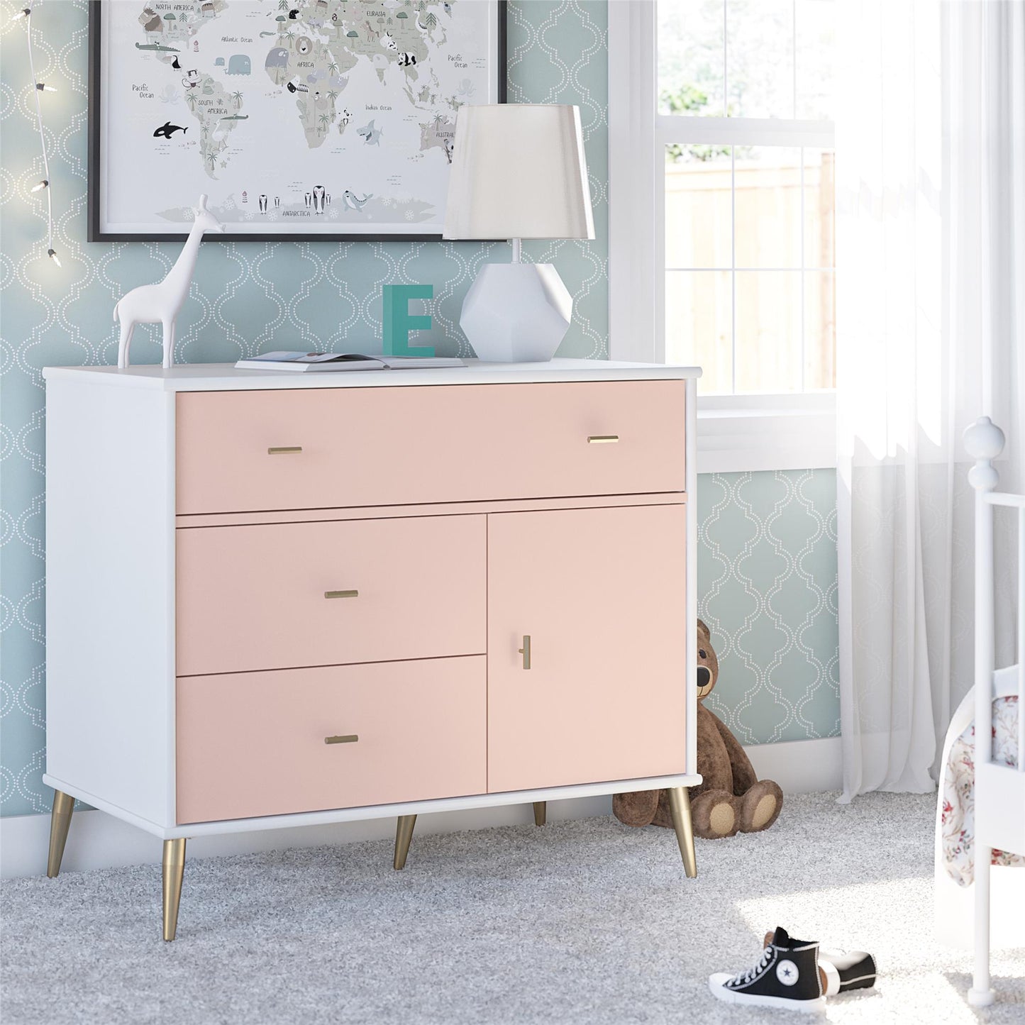 Little Seeds Valentina Asymmetrical 3 Drawer / 1 Door Convertible Dresser - Pale Pink