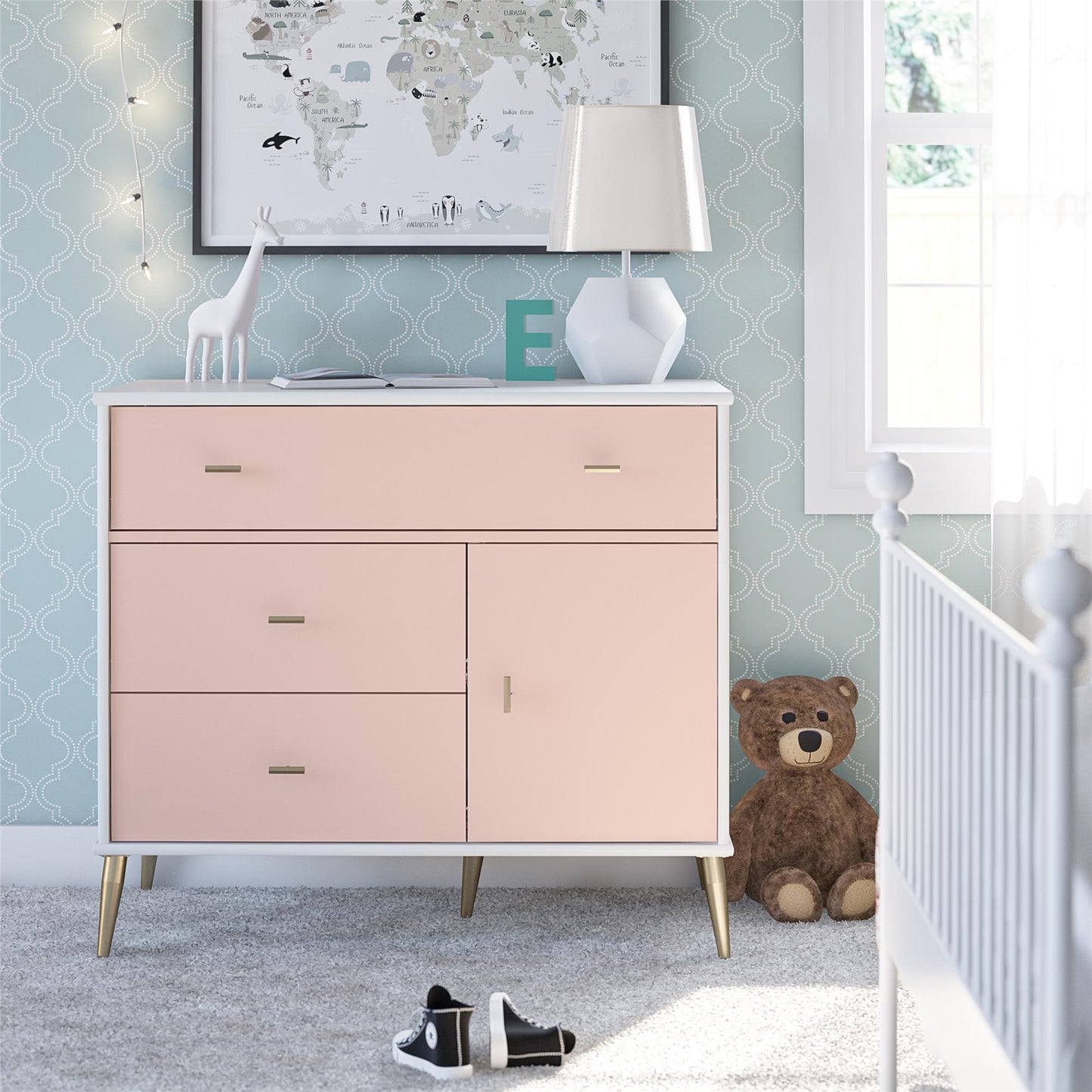Little Seeds Valentina Asymmetrical 3 Drawer / 1 Door Convertible Dresser - Pale Pink
