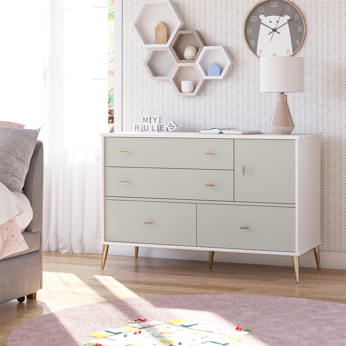 Valentina Asymmetrical 4 Drawer / 1 Door Convertible Dresser - White / Grey