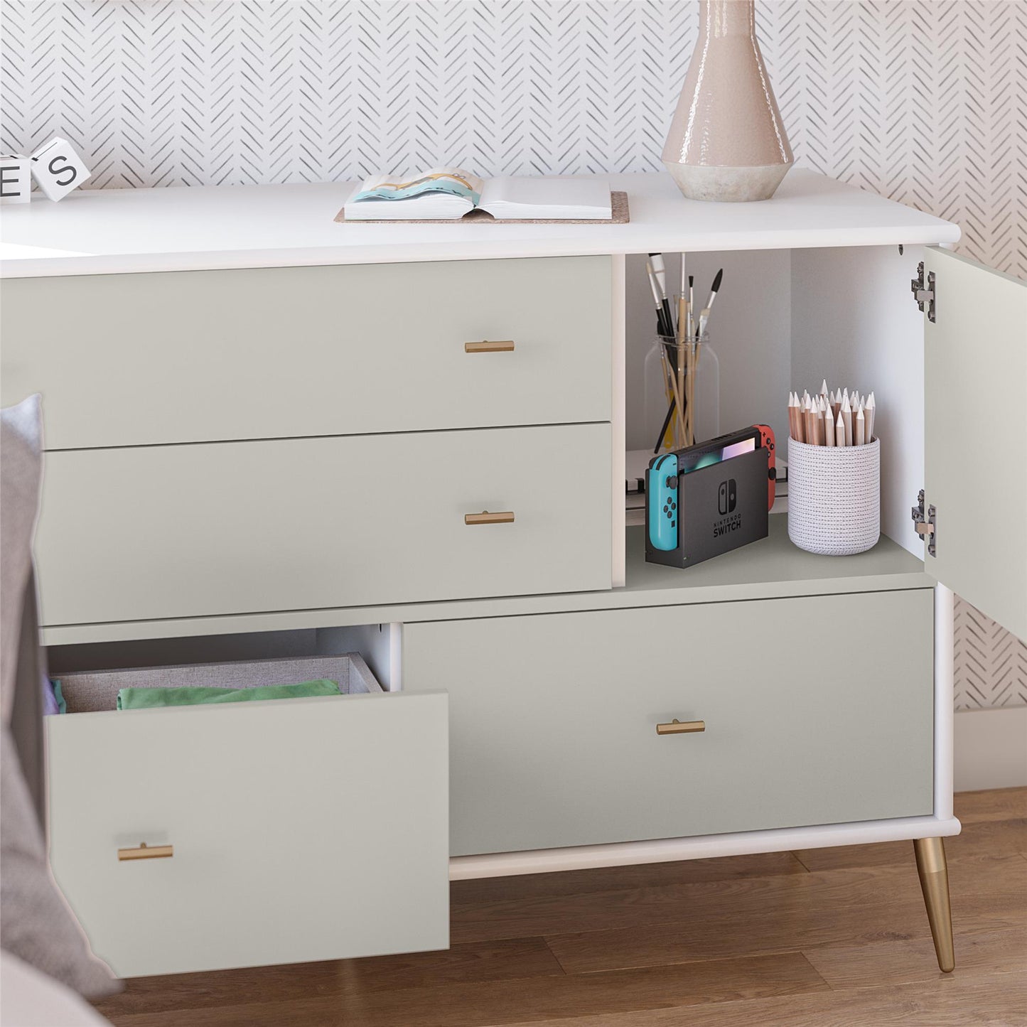 Valentina Asymmetrical 4 Drawer / 1 Door Convertible Dresser - White / Grey