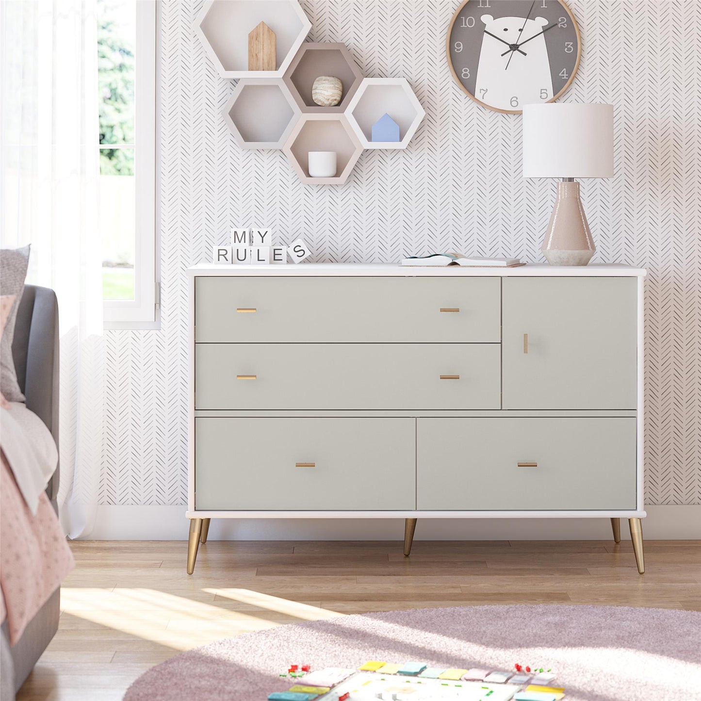 Valentina Asymmetrical 4 Drawer / 1 Door Convertible Dresser - White / Grey