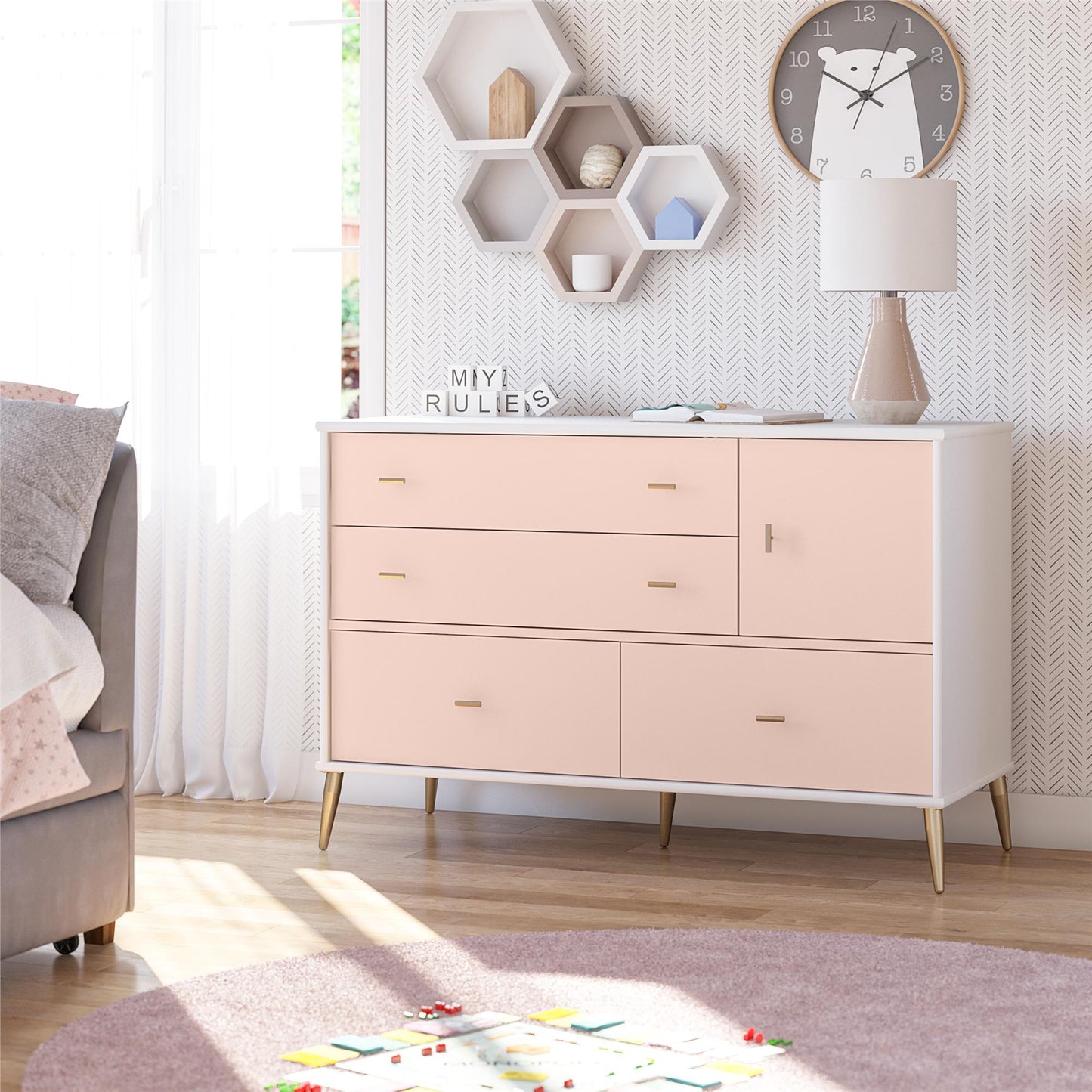 Little Seeds Valentina Asymmetrical 4 Drawer / 1 Door Convertible Dresser - Pale Pink