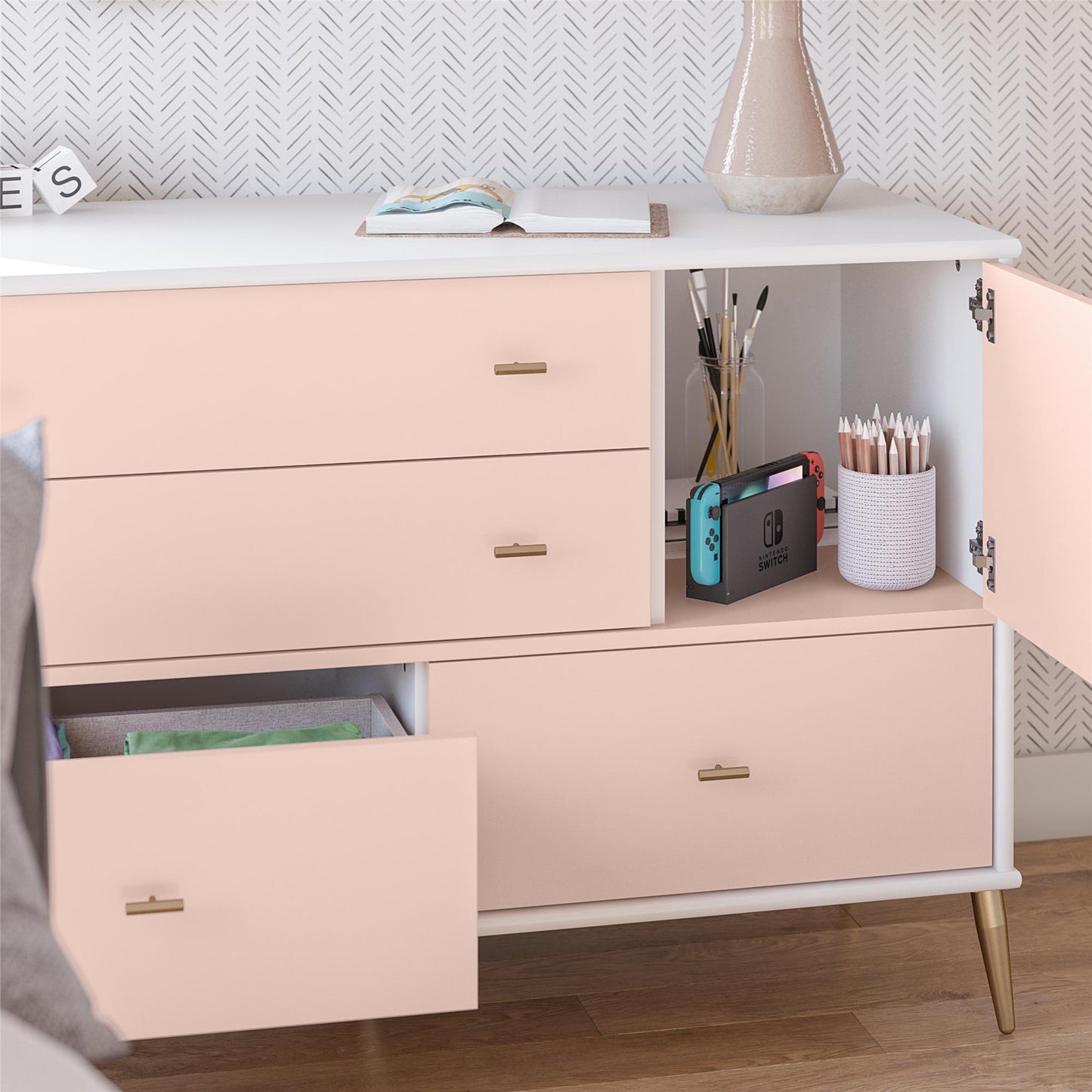 Little Seeds Valentina Asymmetrical 4 Drawer / 1 Door Convertible Dresser - Pale Pink