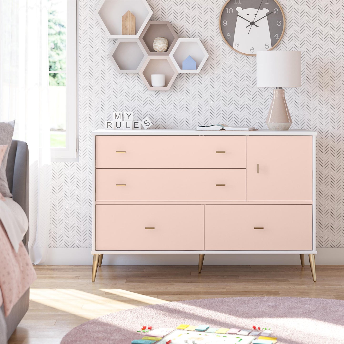 Little Seeds Valentina Asymmetrical 4 Drawer / 1 Door Convertible Dresser - Pale Pink