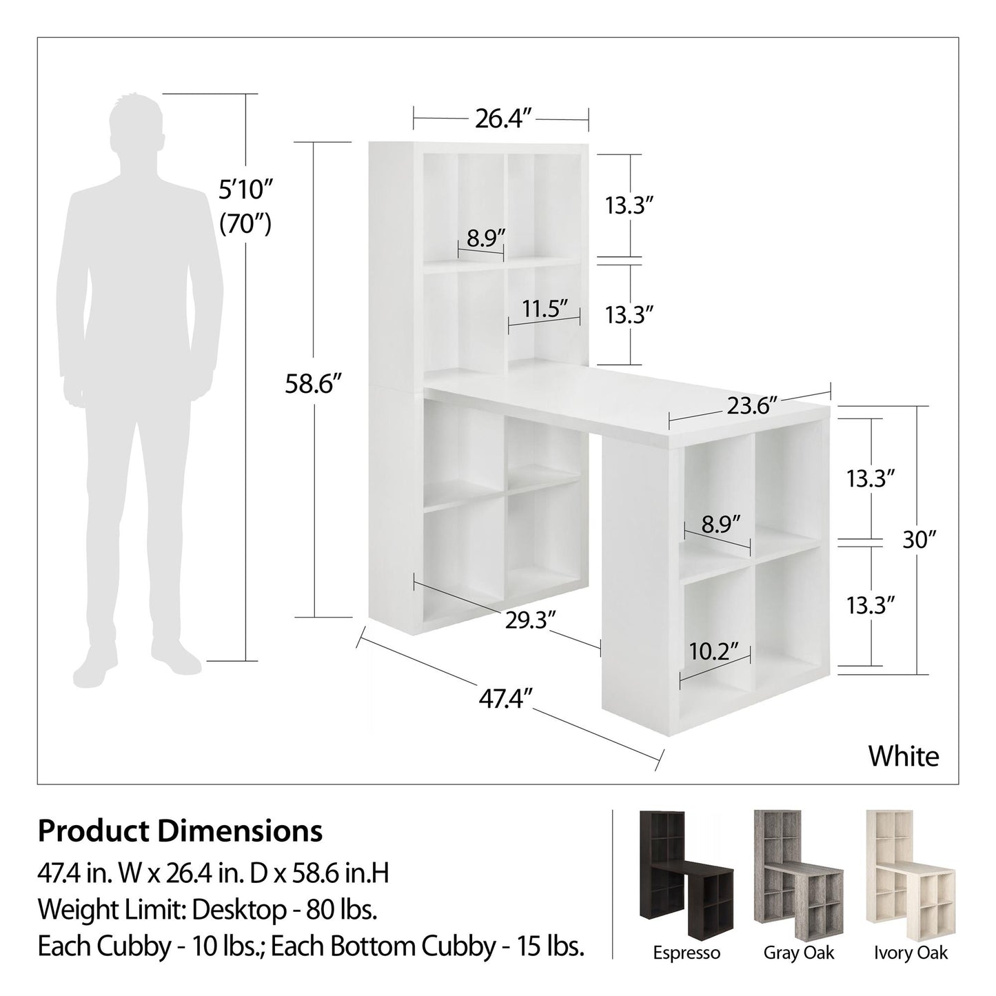 London Hobby Bookcase and Crafting Desk with Cubbies - Gray Oak