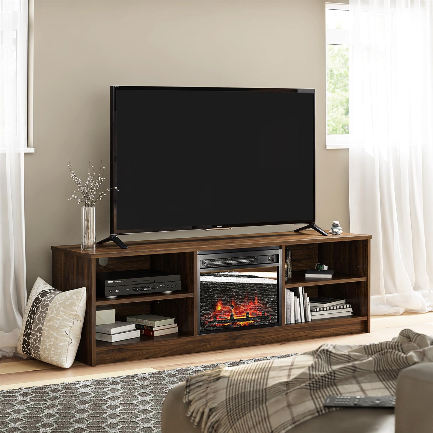 Noble 65” TV Stand with Electric Fireplace Insert and 4 Shelves - Walnut