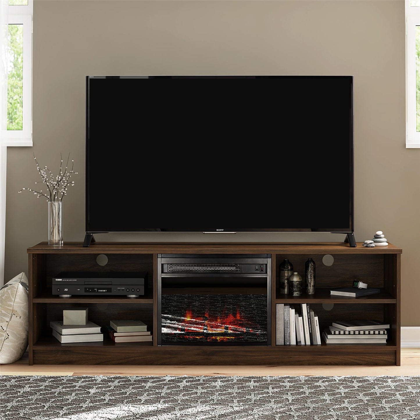 Noble 65” TV Stand with Electric Fireplace Insert and 4 Shelves - Walnut