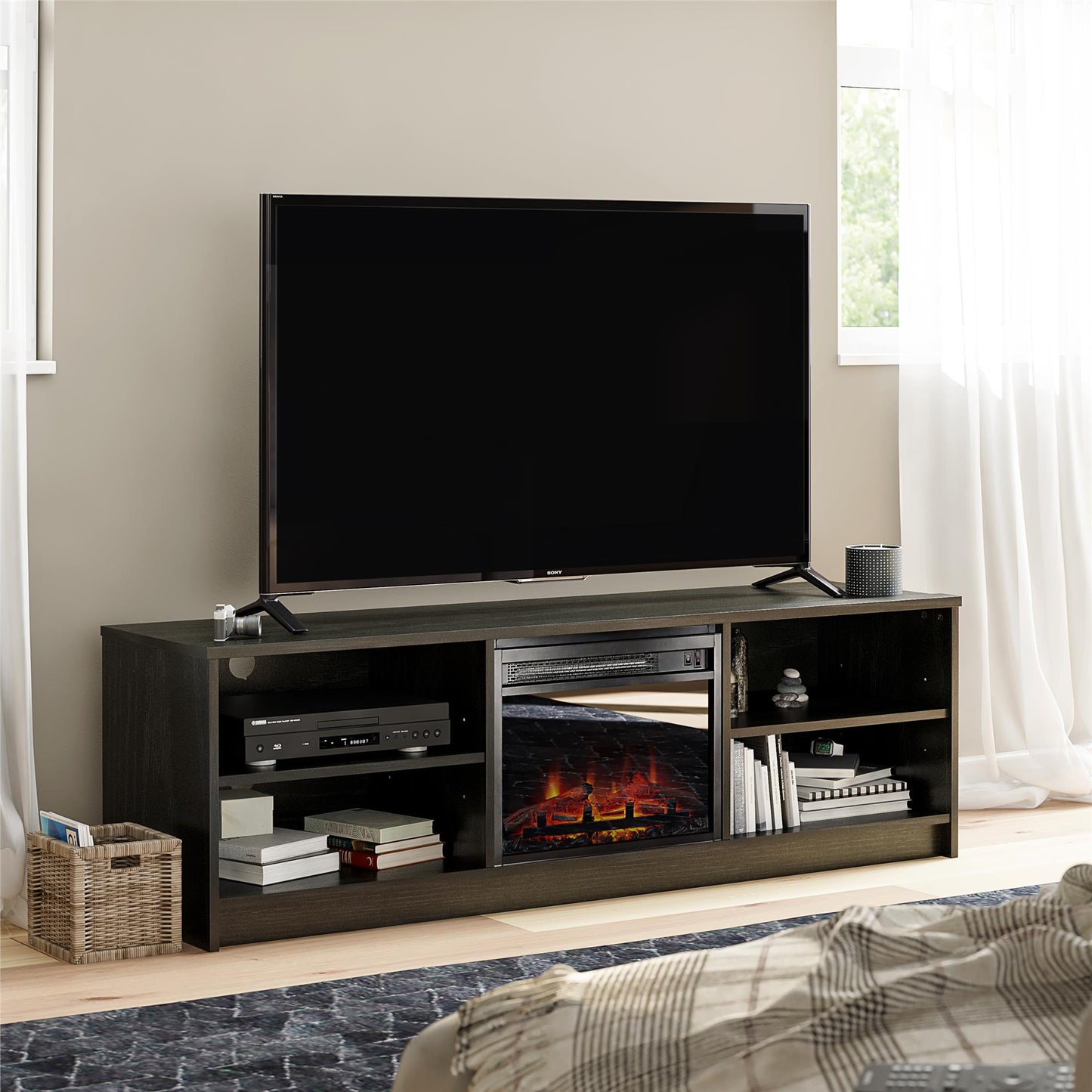 Noble 65” TV Stand with Electric Fireplace Insert and 4 Shelves - Black Oak