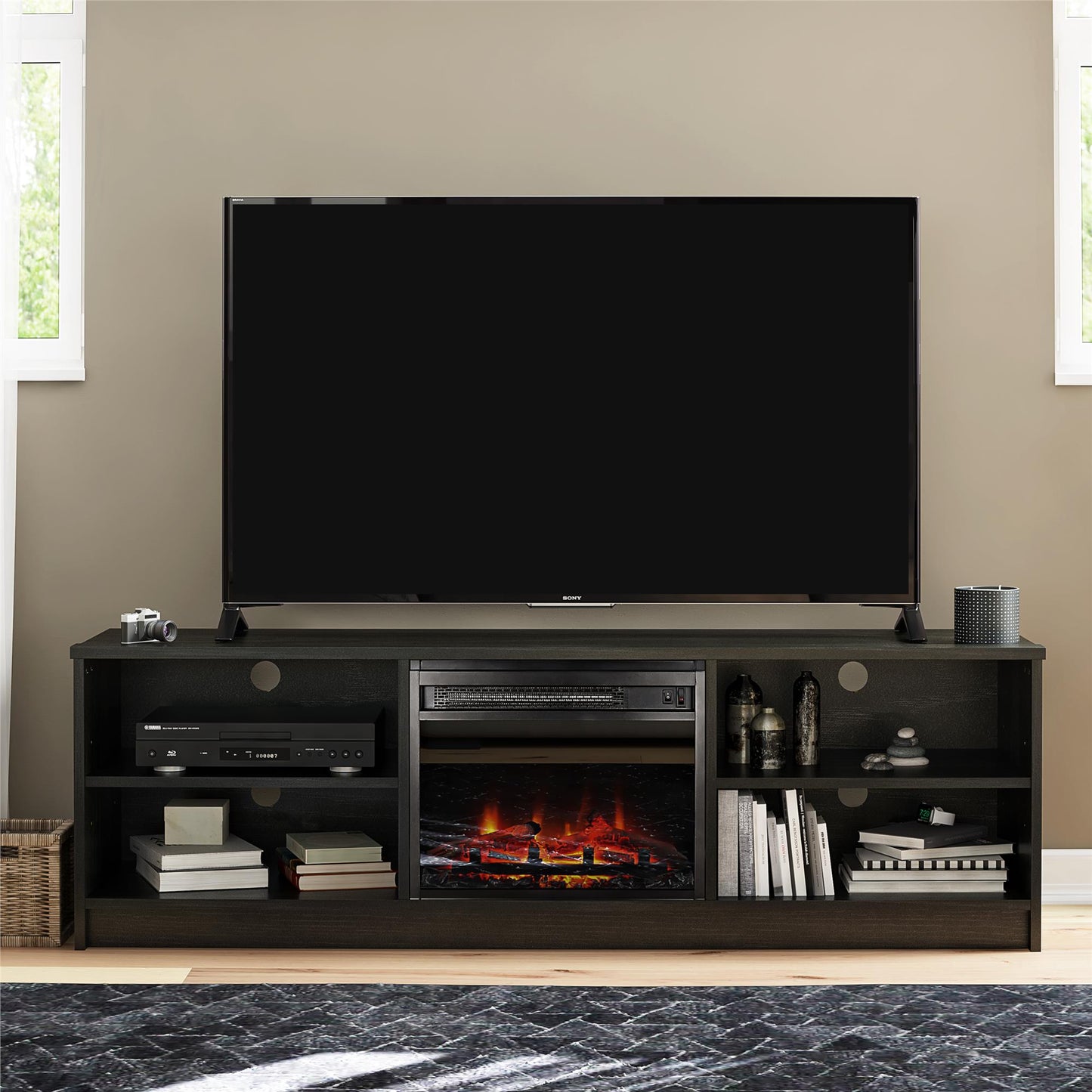 Noble 65” TV Stand with Electric Fireplace Insert and 4 Shelves - Black Oak