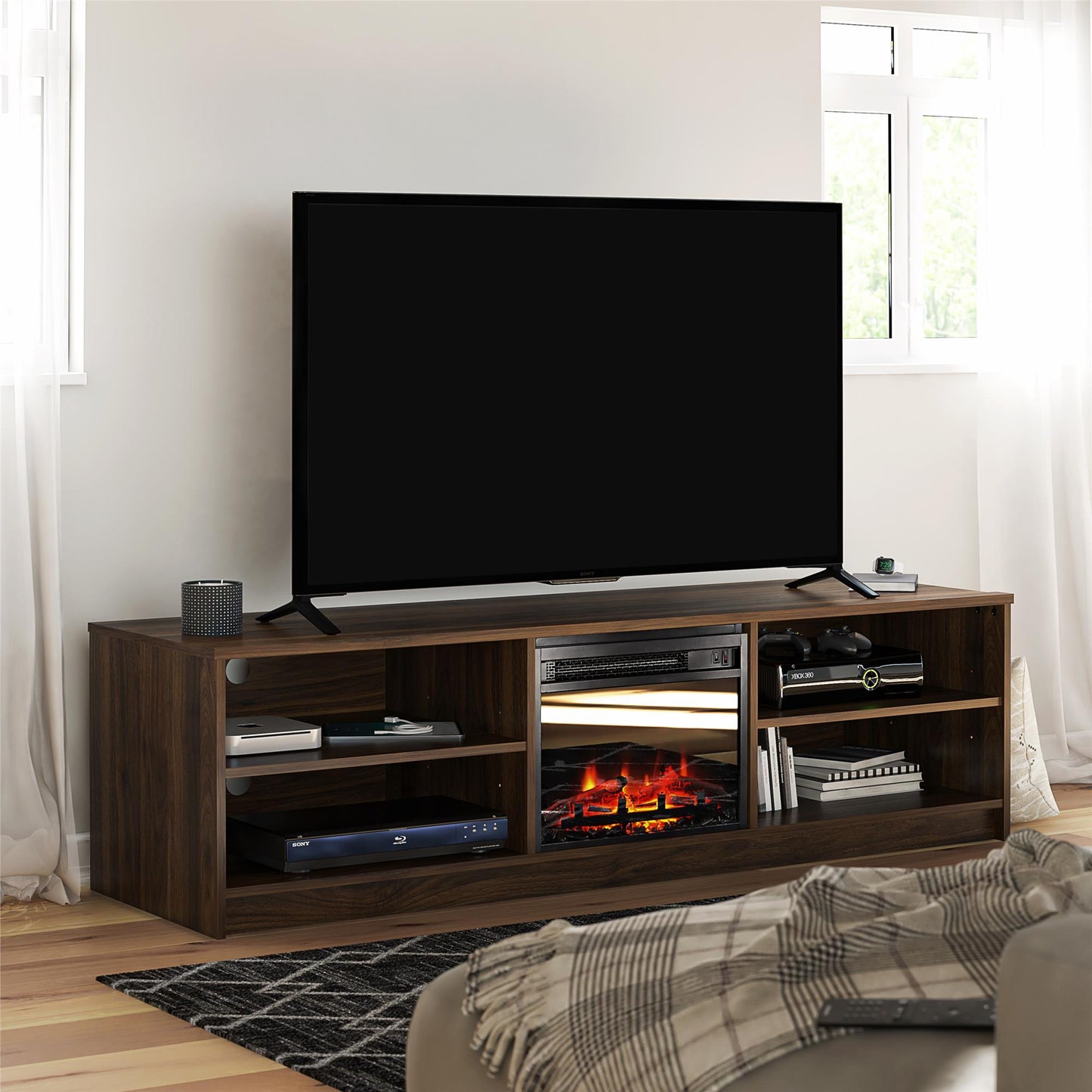 Noble 75" TV Stand with Electric Fireplace Insert and 4 Shelves - Walnut