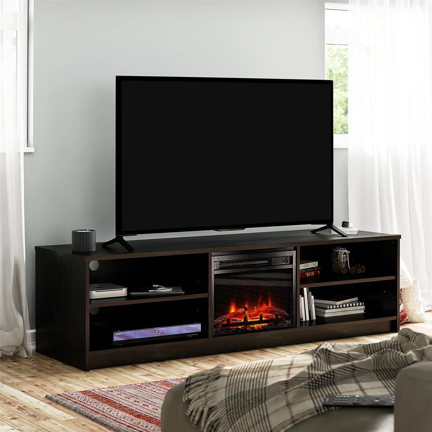 Noble 75" TV Stand with Electric Fireplace Insert and 4 Shelves - Black Oak