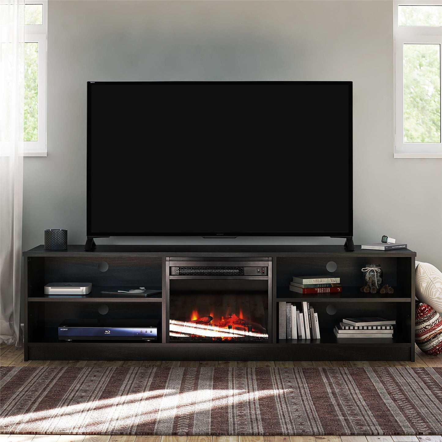 Noble 75" TV Stand with Electric Fireplace Insert and 4 Shelves - Black Oak
