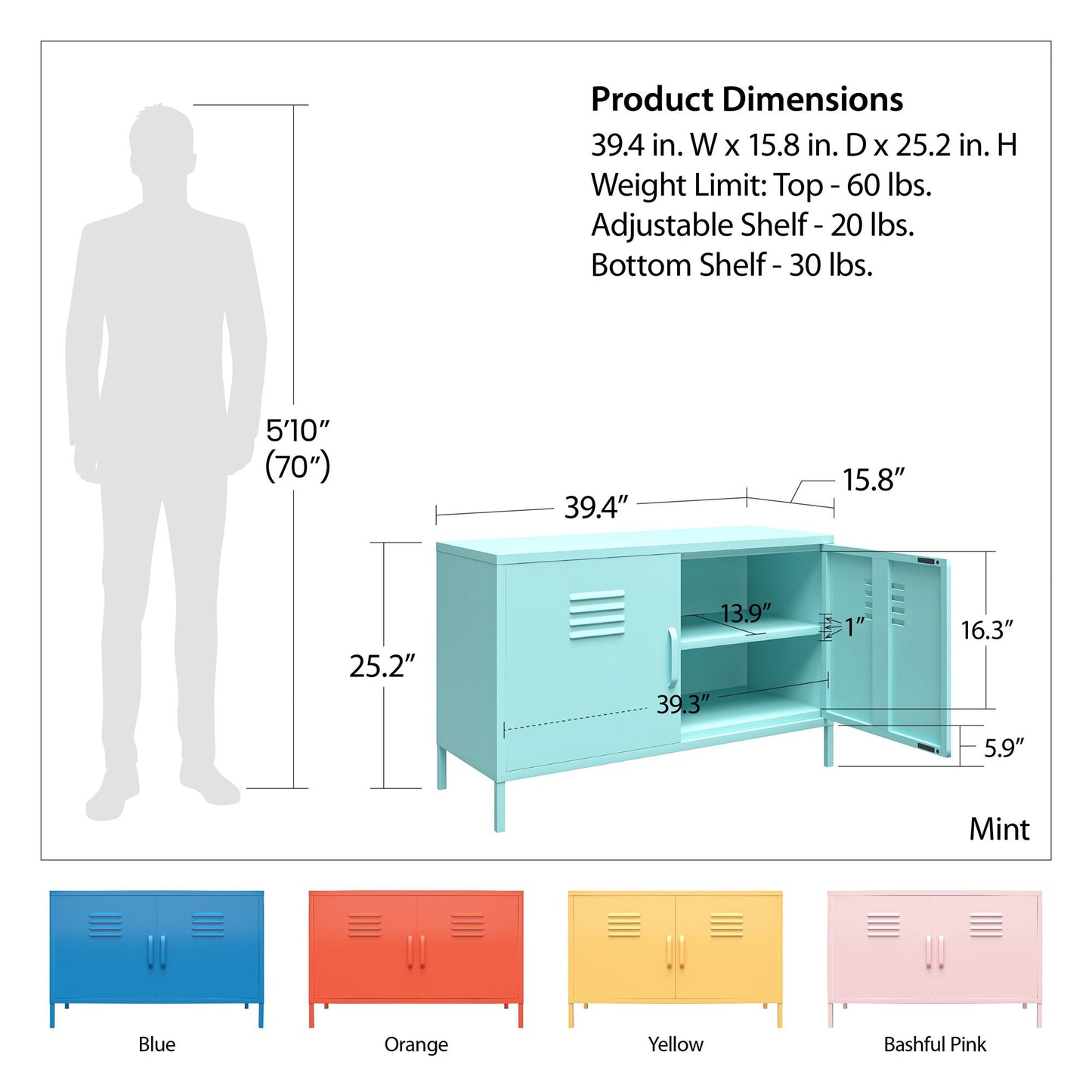 Cache 2 Door Wide Metal Locker Accent Storage Cabinet, Blue - Blue