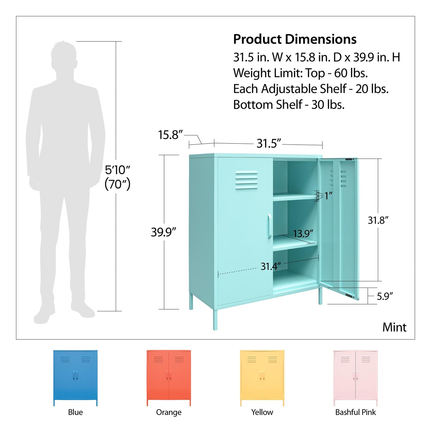 Cache 2 Door Metal Locker Storage Cabinet - Spearmint