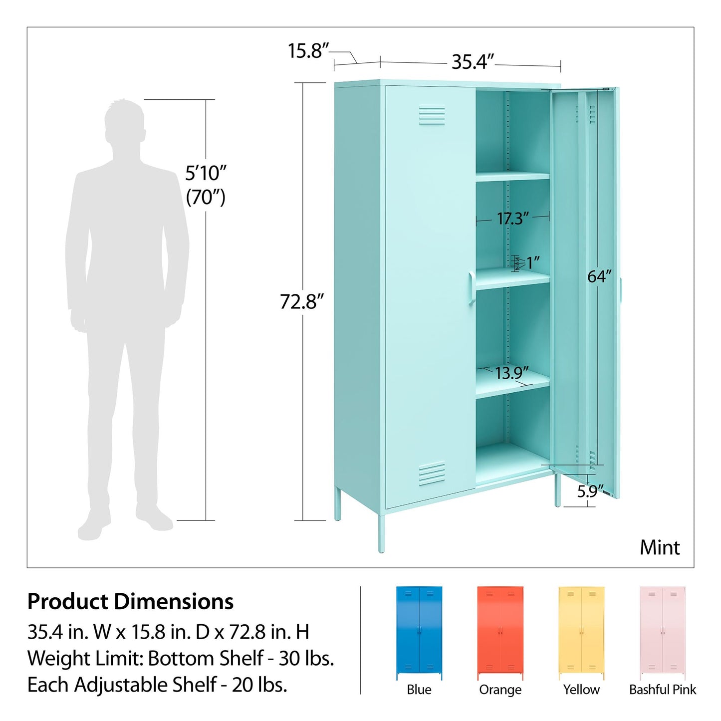 Cache 2 Door Tall Metal Locker Style Storage Cabinet, Mint - Spearmint