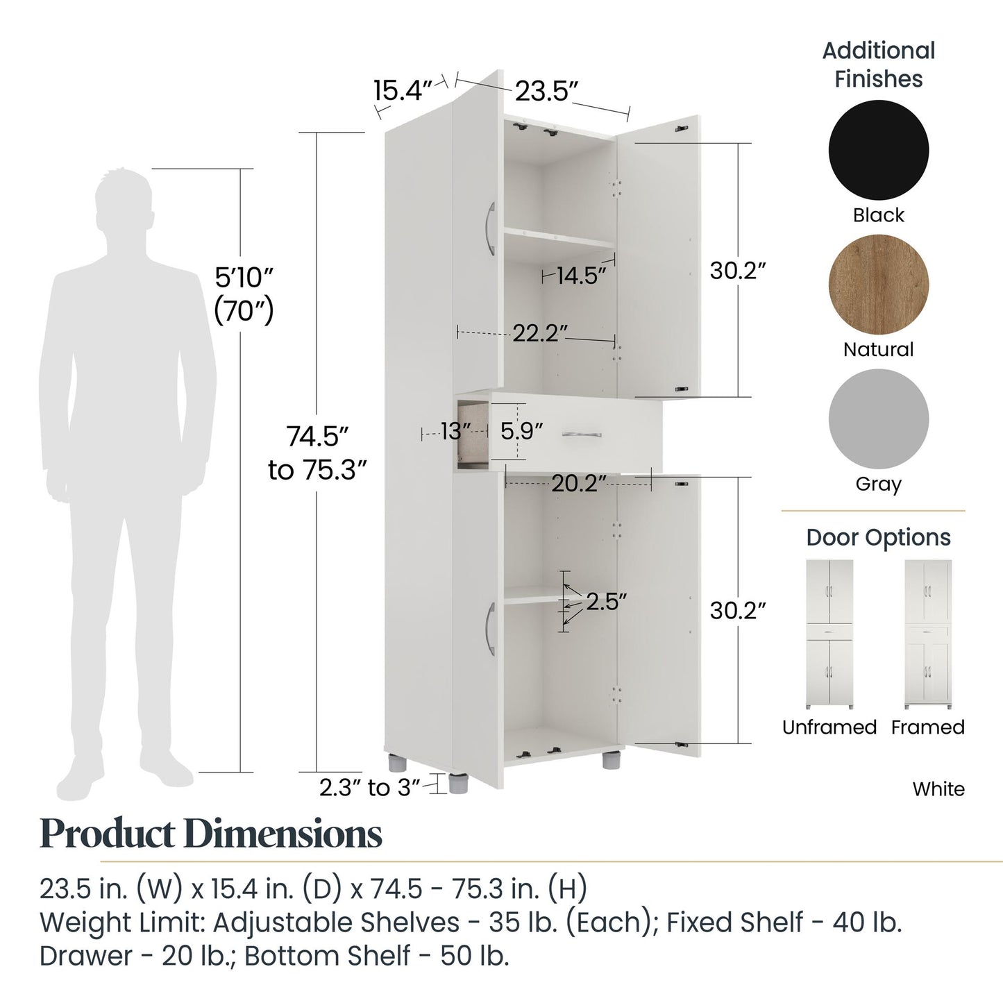 Lory Framed Storage Cabinet with Drawer - White