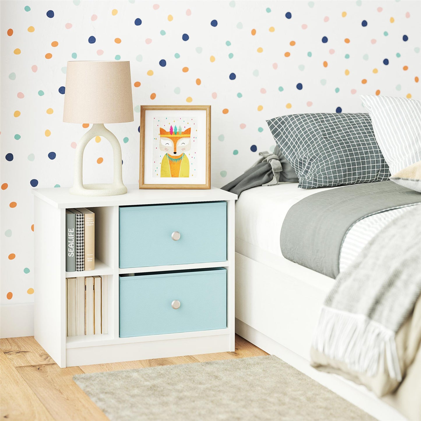 Mya Park Nightstand with Fabric Bins - Light Blue