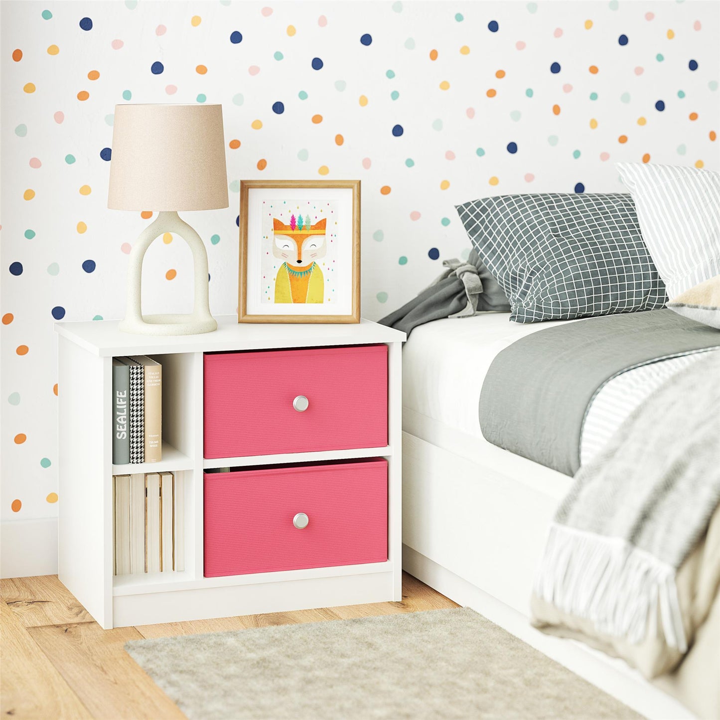 Mya Park Nightstand with Fabric Bins - Pink