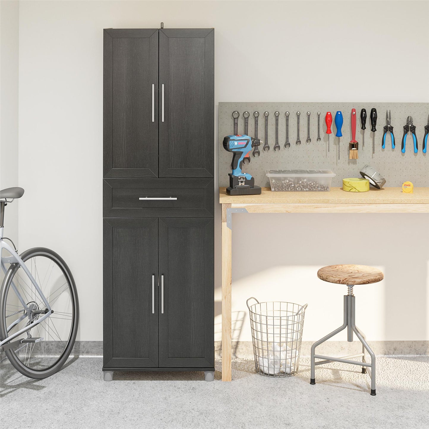 Camberly Framed 4 Door/1 Drawer Storage Cabinet, Black Oak - Black Oak