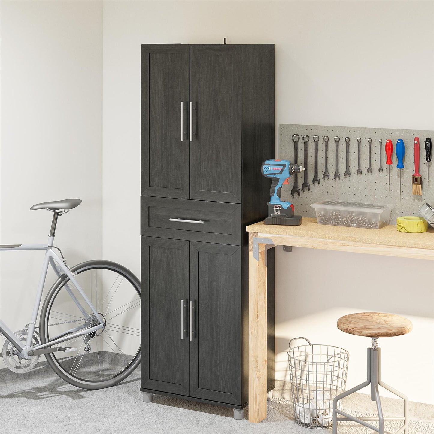 Camberly Framed 4 Door/1 Drawer Storage Cabinet, Black Oak - Black Oak